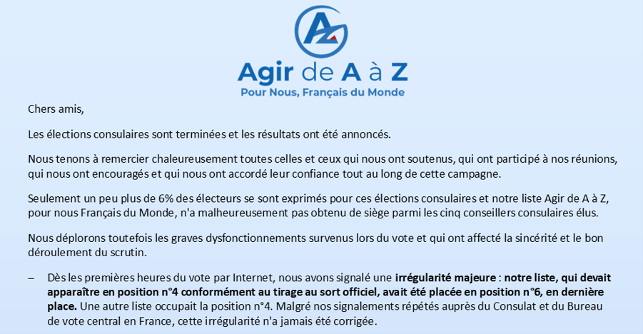 Lettre de Faten Fifi Abbouz – Clôture des élections